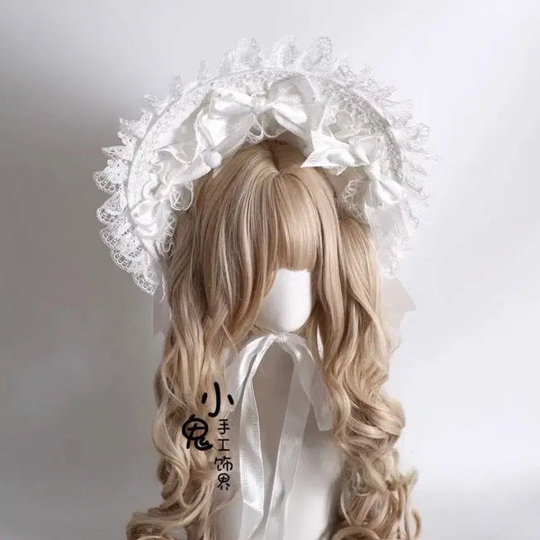 [BUNJANG] Lolita White Lace Bonnet Headdress / 로리타 화이트 레이스 리본 보닛 머리 장식 헤도레 양산형 지뢰계 히메갸루 고스로리 코스프레 졸업사진 구관인형st 헤어장식