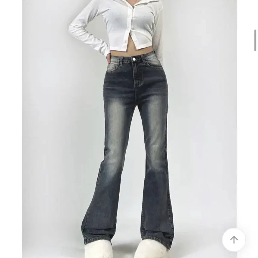 [BUNJANG] High-Waisted Washed Bootcut Denim Pants - Grey / 하이웨스트 워싱 부츠컷 데님 팬츠 그레이