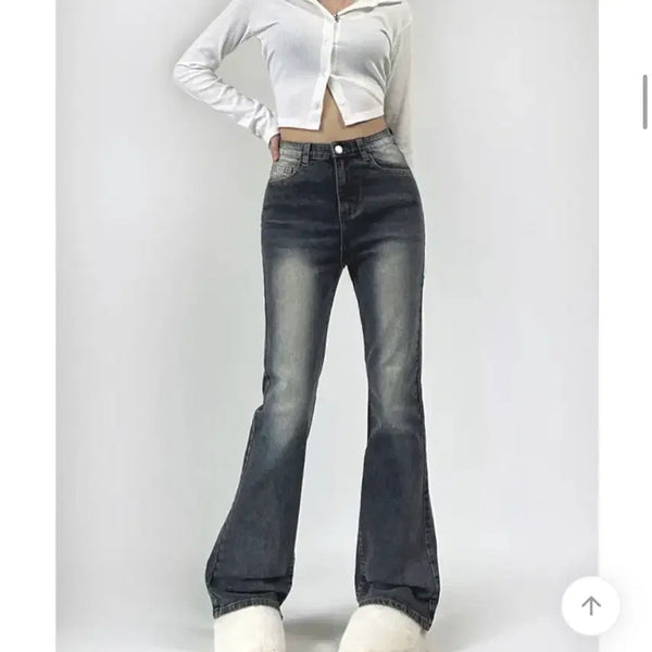 [BUNJANG] High-Waisted Washed Bootcut Denim Pants - Grey / 하이웨스트 워싱 부츠컷 데님 팬츠 그레이