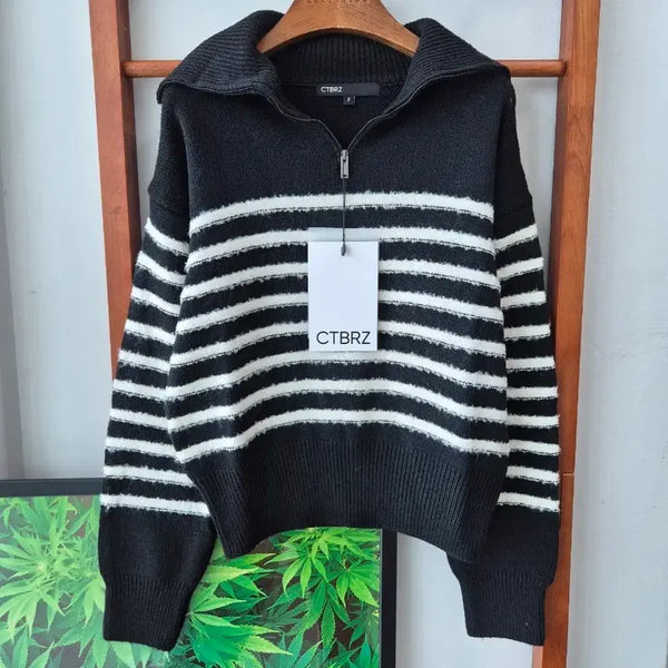 [BUNJANG] Citybreeze Striped Half-Zip Knit Black / (새상품)시티브리즈. 단가라 반집업 니트 블랙