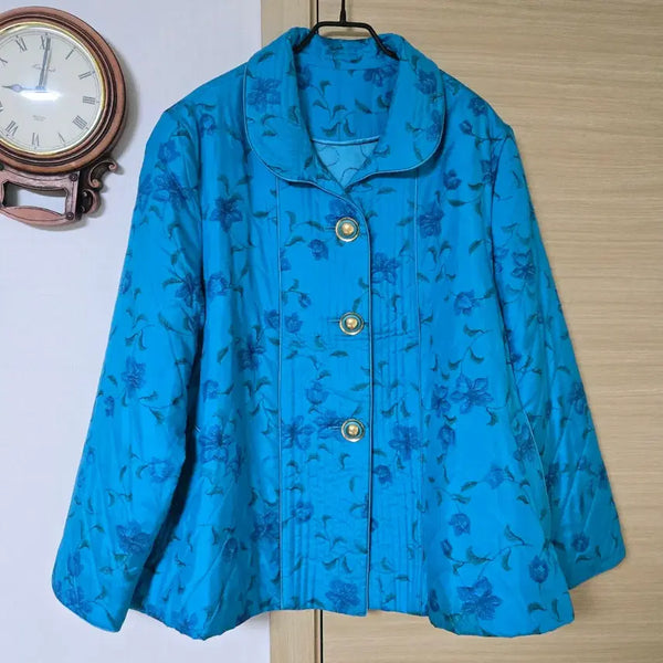 [BUNJANG] Korean-Made Flower Pattern Quilted Jacket - Blue, Free Size / 국산 플라워 패턴 누빔 퀼팅 재킷