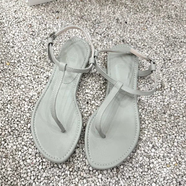 [BUNJANG] Leather T-Strap Flat Sandals Mint Khaki 230 / 소가죽 쪼리 t자 230 민트 카키 새제품