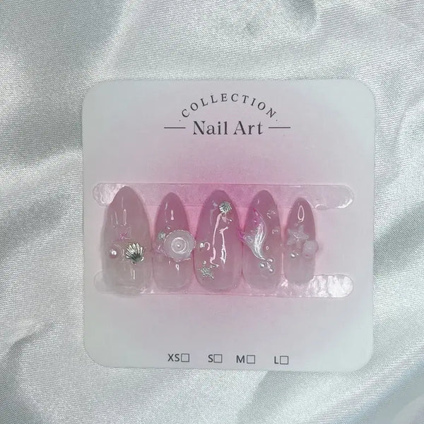 [BUNJANG] Handmade Summer Nail Tips - Pink Gradient & Crystal Accents / 일본 네일 바다 여름 수제네일팁