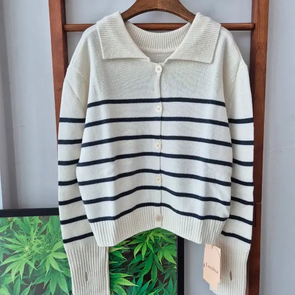 [BUNJANG] Lenina Sailor Collar Striped Knit Cardigan Ivory / (새상품)Lenina. 세일러 카라 단가라 가디건 아이보리
