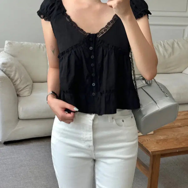[BUNJANG] Lace Short Sleeve Blouse / 레이스 반팔 블라우스