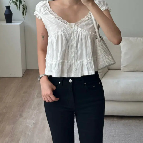[BUNJANG] White Lace Short Sleeve Blouse / 화이트 레이스 반팔 블라우스