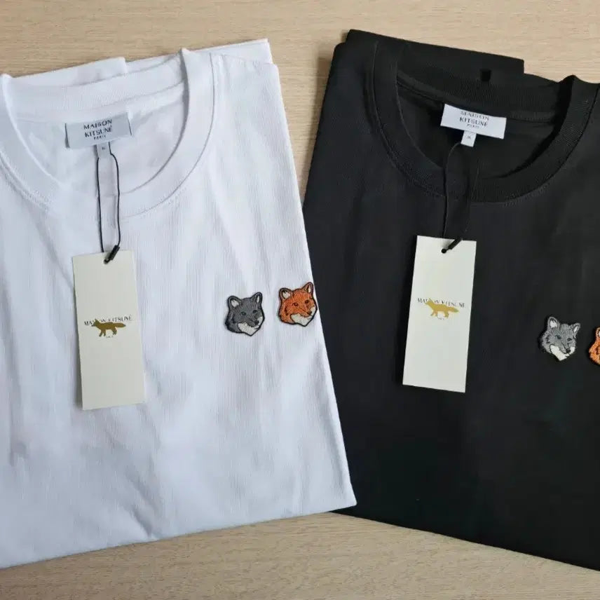 [BUNJANG] Maison Kitsuné Fox Embroidery Short Sleeve T-Shirt Set (White/Black, XL) / 메종키츠네 반팔티 화이트/블랙 XL