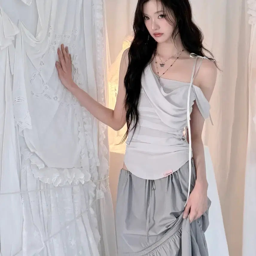 [BUNJANG] Newearl Glow Chiffon Shirred Sleeveless Blouse / 뉴얼린 Glow Chiffon Shirred Sleeveless Blouse