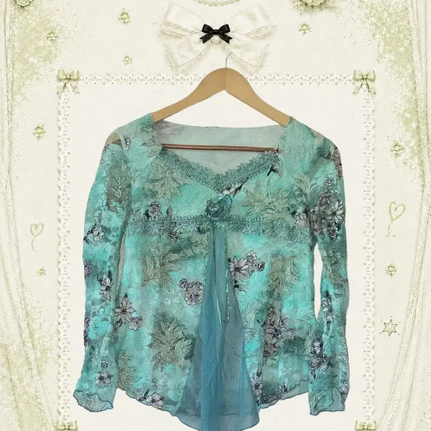 [BUNJANG] Mint Flower See-through Oriental Fairy Blouse / 민트색 플라워 시스루 오리엔탈 페어리 블라우스