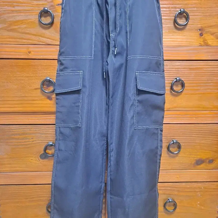 [BUNJANG] Black Stitch Wide Cargo Pants / 블랙 스티치 와이드 카고 팬츠