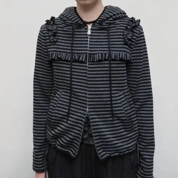 [BUNJANG] Type Service Ruffled Stripe Hoodie Zip-up / 타입서비스 러플드 스트라이프 후드집업