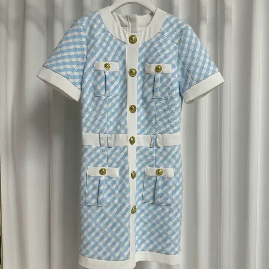 [BUNJANG] B Gold Button Check Short Sleeve Dress (Size 38) / (새상품_수입의류) B 금장 체크 반팔원피스 (38)