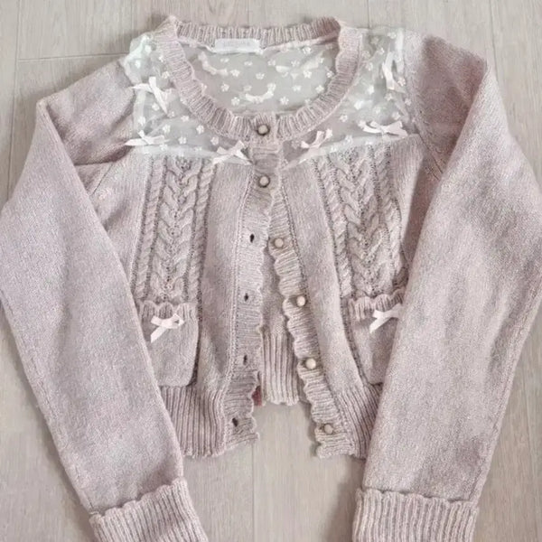 [BUNJANG] Liz Lisa Vintage Lace Pink Knit Cardigan / 리즈리사 빈티지 레이스 핑크 니트 가디건 히메갸루 양산형 지뢰계 스나계