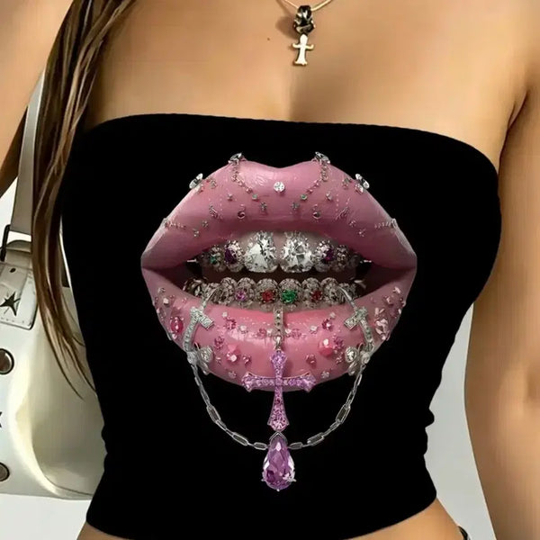 [BUNJANG] Women's Tube Top with Lip Print and Chain Detail / 완전세일!여성 튜브탑 새상품