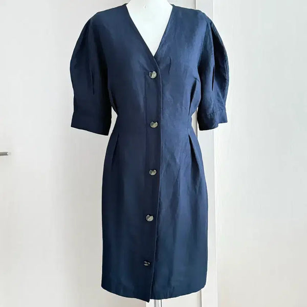 [BUNJANG] SISLEY Navy Linen Branded Dress / 시슬리 네이비색 린넨 브랜디드 원피스