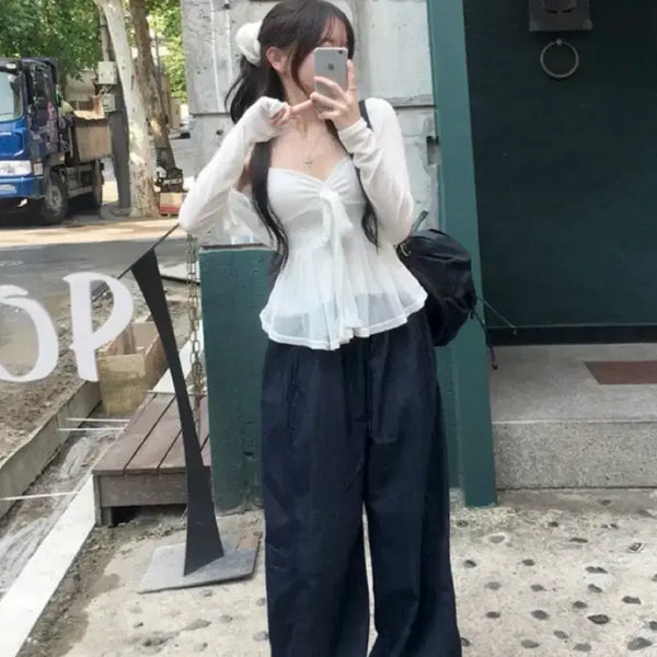 [BUNJANG] Jasmine Bell See-through Ribbon Tank Top Cardigan Set / 시스루 리본 나시가디건