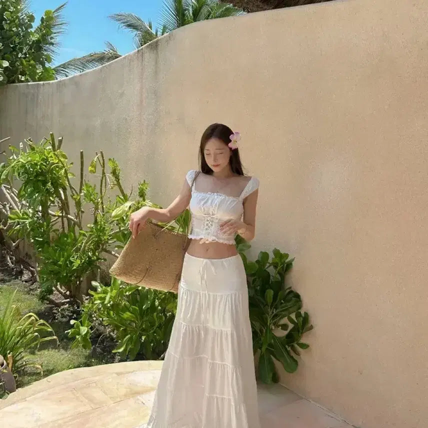 [BUNJANG] Frill Sleeveless Blouse and Skirt Set / 프릴나시 블라우스 스커트세트