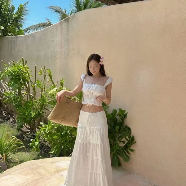 [BUNJANG] Frill Sleeveless Blouse and Skirt Set / 프릴나시 블라우스 스커트세트