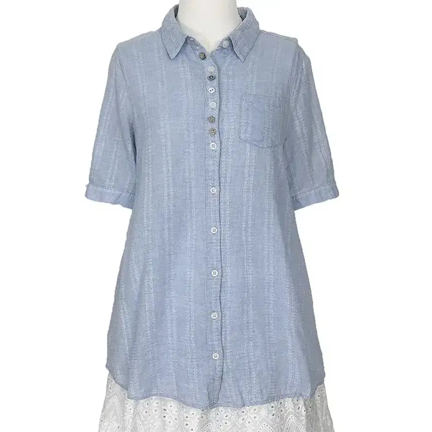 [BUNJANG] Vintage Mixed Button White Embroidery Short Sleeve Shirt / 일본빈티지 우드믹스버튼업 포켓화이트자수 반팔셔츠티하늘연청 모리걸갸루y2k히피에스닉