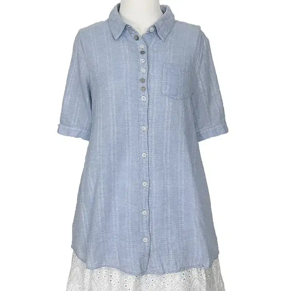 [BUNJANG] Vintage Mixed Button White Embroidery Short Sleeve Shirt / 일본빈티지 우드믹스버튼업 포켓화이트자수 반팔셔츠티하늘연청 모리걸갸루y2k히피에스닉