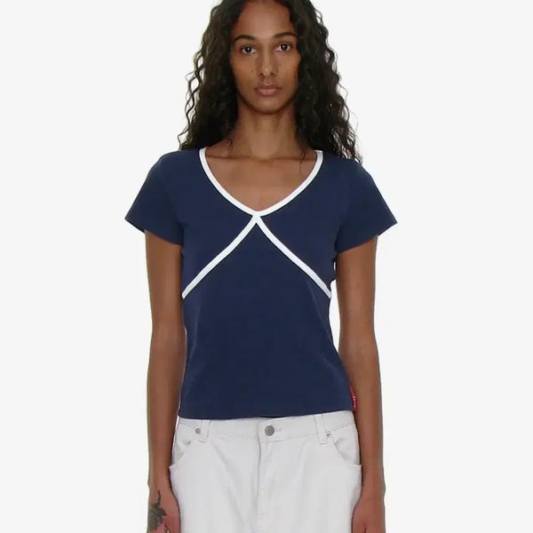 [BUNJANG] Partimento Woman Contrast Binding V-Neck Top Navy / (새) 파르티멘토우먼 신상 콘트라스트 바인딩 브이넥 탑 네이비