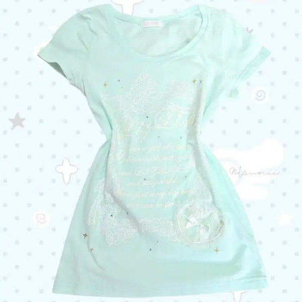 [BUNJANG] LIZLISA Mint Lace Short Sleeve T-Shirt / 고전 리즈리사 민트 레이스 반팔 티셔츠 민트코어 히메갸루 갸루 모리걸 양산형 y2k 트랄라라 엑시즈팜 핀터깔 달천깔