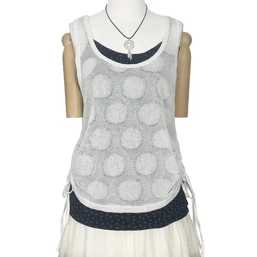 [BUNJANG] Vintage Dot Pattern Linen Blend Sleeveless Top / 일본빈티지 도트땡땡패턴 옆셔링리본끈 린넨혼방 민소매나시티 모리걸갸루y2k히피에스닉