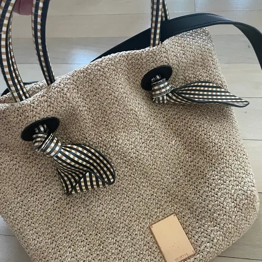 [BUNJANG] Couronne Straw Shoulder Bag Beige Checkpoint / 쿠론 밀짚 가방 숄더백 베이지색(체크포인트)