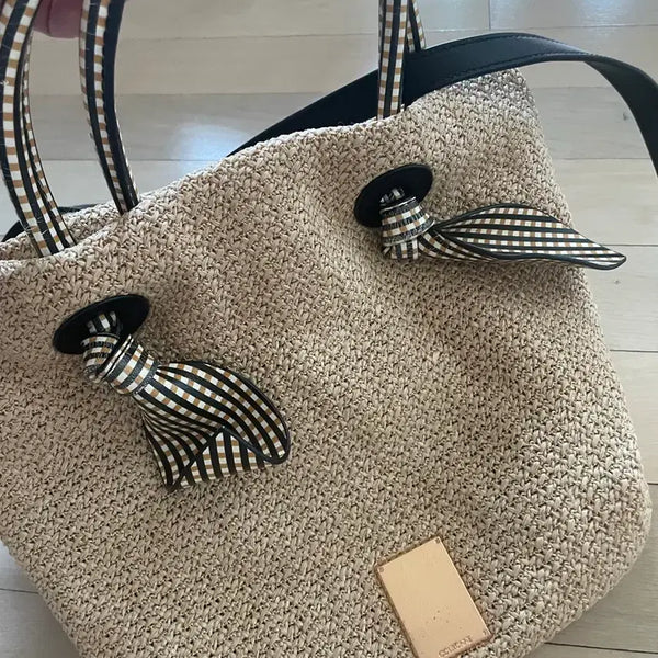 [BUNJANG] Couronne Straw Shoulder Bag Beige Checkpoint / 쿠론 밀짚 가방 숄더백 베이지색(체크포인트)