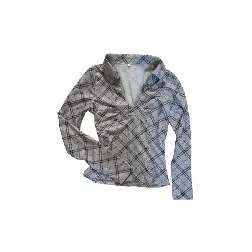 [BUNJANG] Lookhon Check Long Sleeve T-Shirt Gray / 카라 체크 긴팔티 티셔츠 그레이 롱슬리브 룩혼 페미닌
