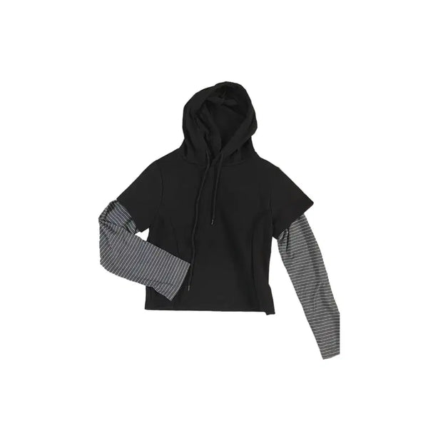 [BUNJANG] Black Hooded Layered Long Sleeve T-Shirt Charcoal / 블랙 후드 레이어드 티 긴팔티 차콜