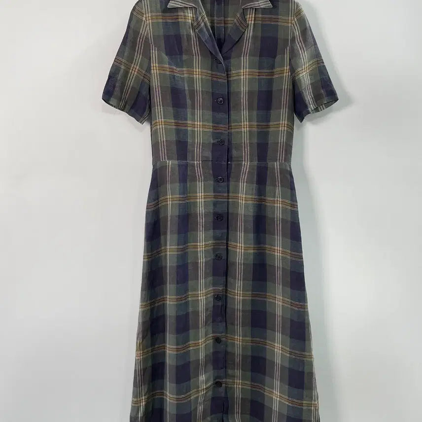 [BUNJANG] Burberry Check Open Collar Linen Long Dress / 버버리 체크 오픈카라 린넨 롱 원피스 (on.1630)