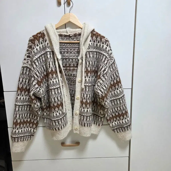 [BUNJANG] Beige Knit Hooded Cardigan / (실착1회) 베이지 니트 후드가디건
