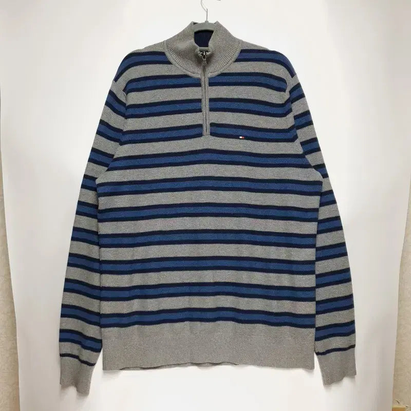 [BUNJANG] Tommy Hilfiger Cotton Cashmere Blend Striped Knit Half-Zip Sweater XL / 타미힐피거 면 캐시미어 혼방스트라이프 니트 반집업 XL
