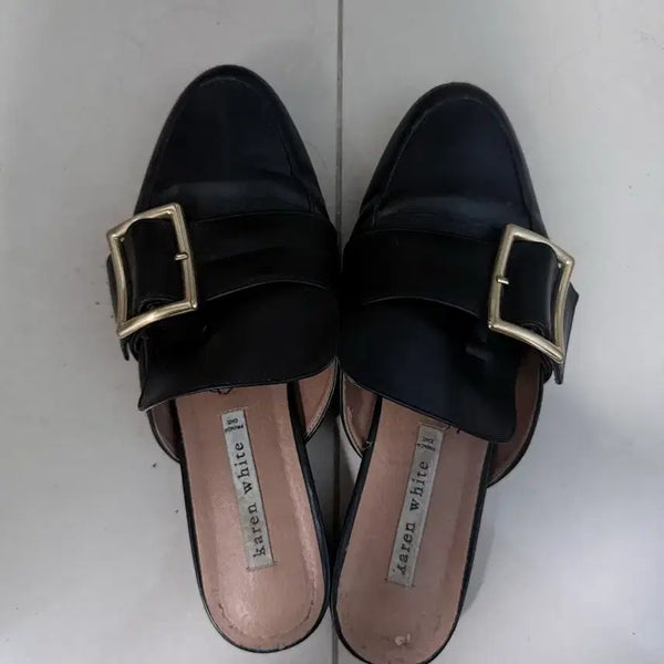 [BUNJANG] Karen White Women's Black Buckle Loafer Mules / 카렌 화이트 여성 블랙 버클 로퍼 뮬