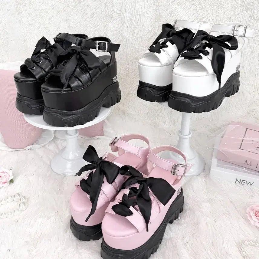 [BUNJANG] Honey Mew Ribbon Lace-Up Platform Sandals / HONEY MEW 허니뮤 리본 레이스업 통굽 샌들