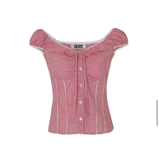 [BUNJANG] Crank Checkered Lace Shirring Blouse Red / 크랭크 체크 레이스 셔링 블라우스 레드
