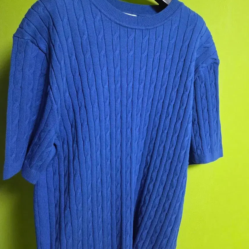 [BUNJANG] Men's Cable Knit Short Sleeve Sweater - Blue / 남자 케이블 니트 반팔 블루