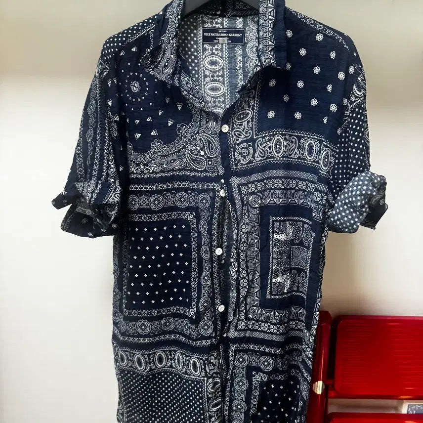 [BUNJANG] Vintage Navy Bandana Patchwork Shirt / 빈티지 네이비 반다나 패치워크 셔츠