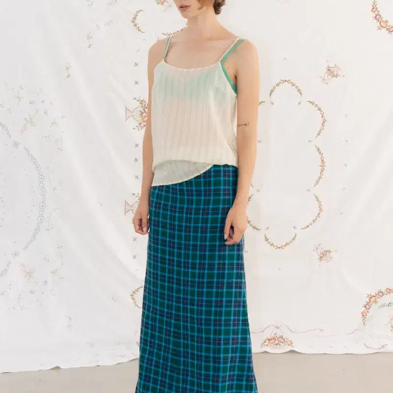 [BUNJANG] Via Plain Linen Check Long Skirt / 비아플레인 체크 롱 스커트
