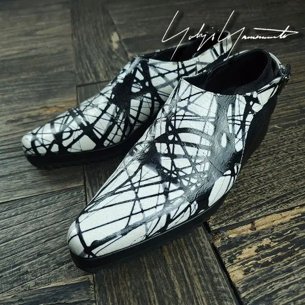 [BUNJANG] Yohji Yamamoto Discord Archive Painted Leather Slip-On Mules Shoes / 요지야마모토 디스코드 아카이브 페인팅 패턴 레더 슬립온 뮤르 슈즈 P02001