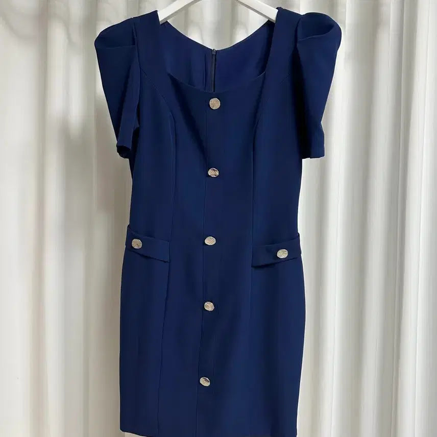 [BUNJANG] Shoulder Puff Square Neck Short Sleeve Dress - Navy / 어깨 퍼프 스퀘어넥 반팔 원피스 M