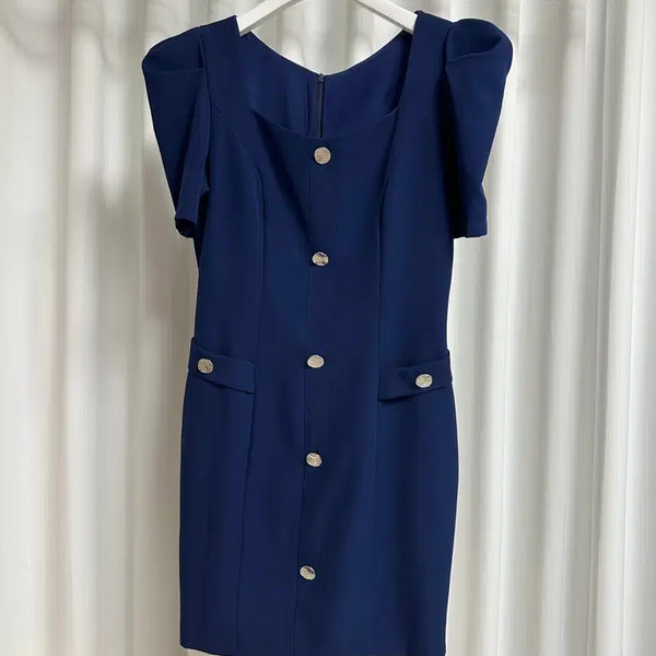 [BUNJANG] Shoulder Puff Square Neck Short Sleeve Dress - Navy / 어깨 퍼프 스퀘어넥 반팔 원피스 M