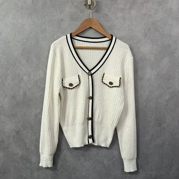 [BUNJANG] White Color Block Cardigan (M) / 화이트 배색 가디건 M