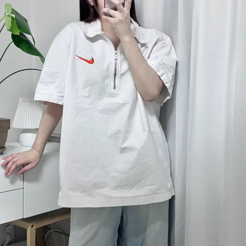 [BUNJANG] Nike White Cotton Half-Zip Short-Sleeve Jacket XXL / 나이키 화이트 면 자켓소재 반팔 하프집업 [ XXL ]