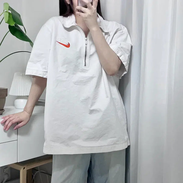 [BUNJANG] Nike White Cotton Half-Zip Short-Sleeve Jacket XXL / 나이키 화이트 면 자켓소재 반팔 하프집업 [ XXL ]