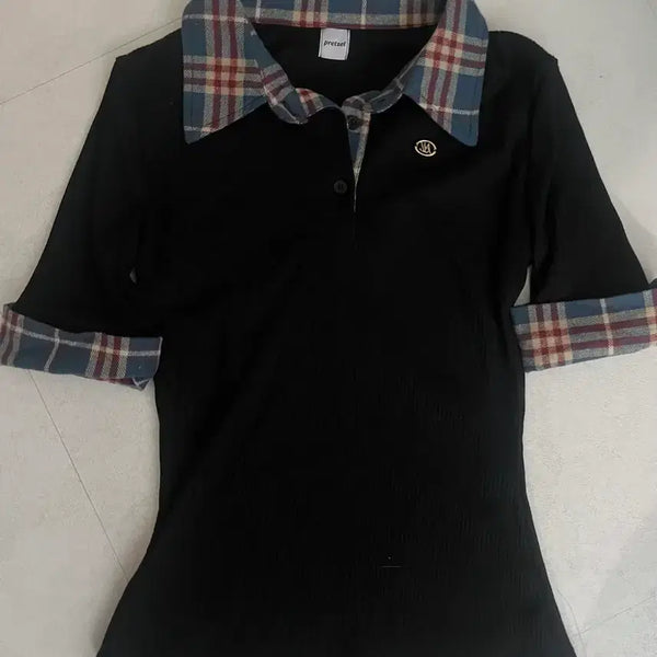 [BUNJANG] Pretzel Check Ribbed Short Sleeve T-Shirt / 프레첼 에카 체크 골지 반팔