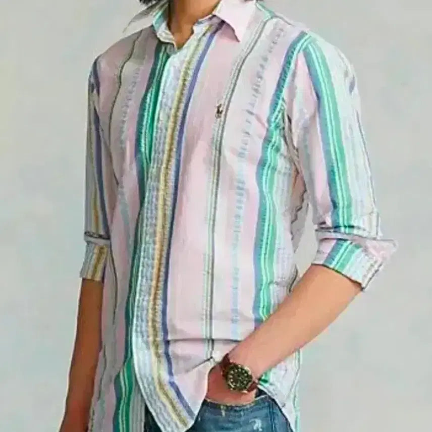 [BUNJANG] Polo Classic Fit Striped Seersucker Shirt / 신형 QR라벨 )  폴로  클래식핏 스트라이프 시어서커 셔츠