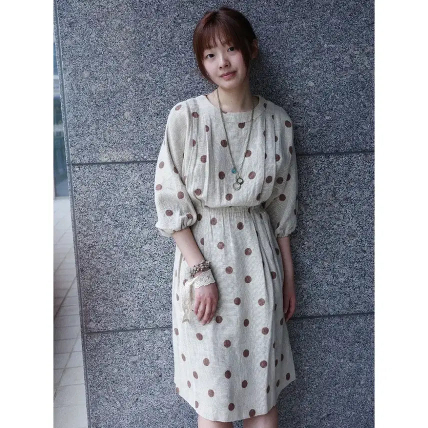 [BUNJANG] Japanese Vintage Beige Polka Dot Short Sleeve Dress / 일본빈티지 베이지 도트 러블리 반팔 원피스