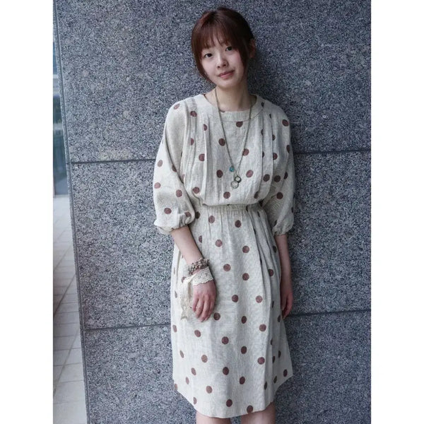 [BUNJANG] Japanese Vintage Beige Polka Dot Short Sleeve Dress / 일본빈티지 베이지 도트 러블리 반팔 원피스